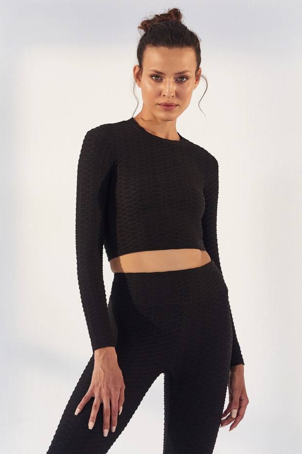 Siyah Kendinden Desenli O Yaka Uzun Kol Kadın Crop Top T-Shirt - 97153