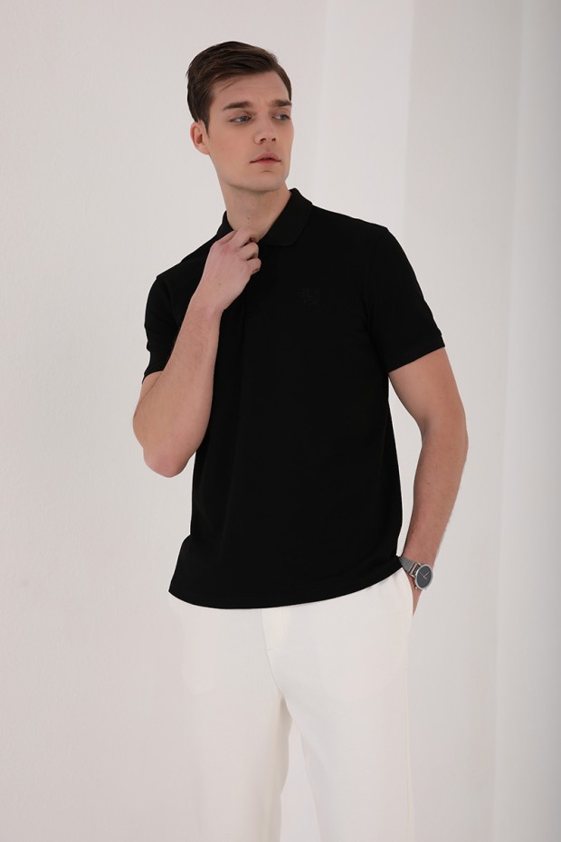 Siyah Klasik Black Yazı Nakışlı Standart Kalıp Polo Yaka Erkek T-Shirt - 87760