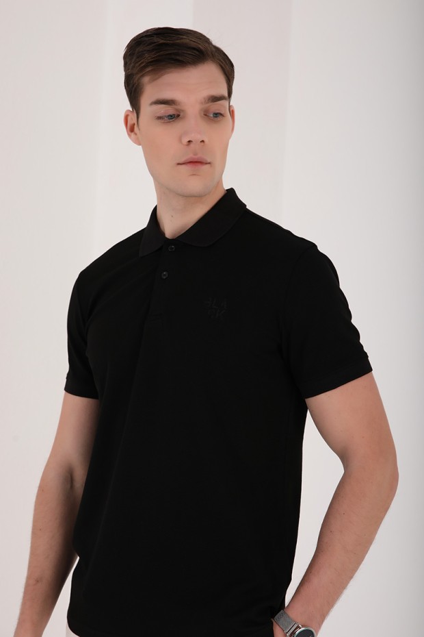 Siyah Klasik Black Yazı Nakışlı Standart Kalıp Polo Yaka Erkek T-Shirt - 87760