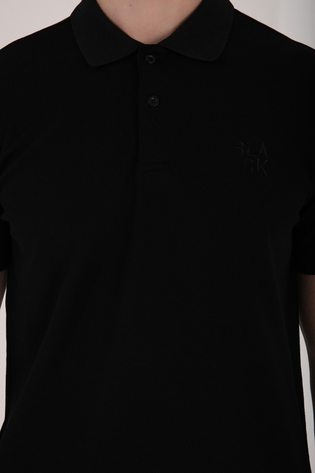 Siyah Klasik Black Yazı Nakışlı Standart Kalıp Polo Yaka Erkek T-Shirt - 87760