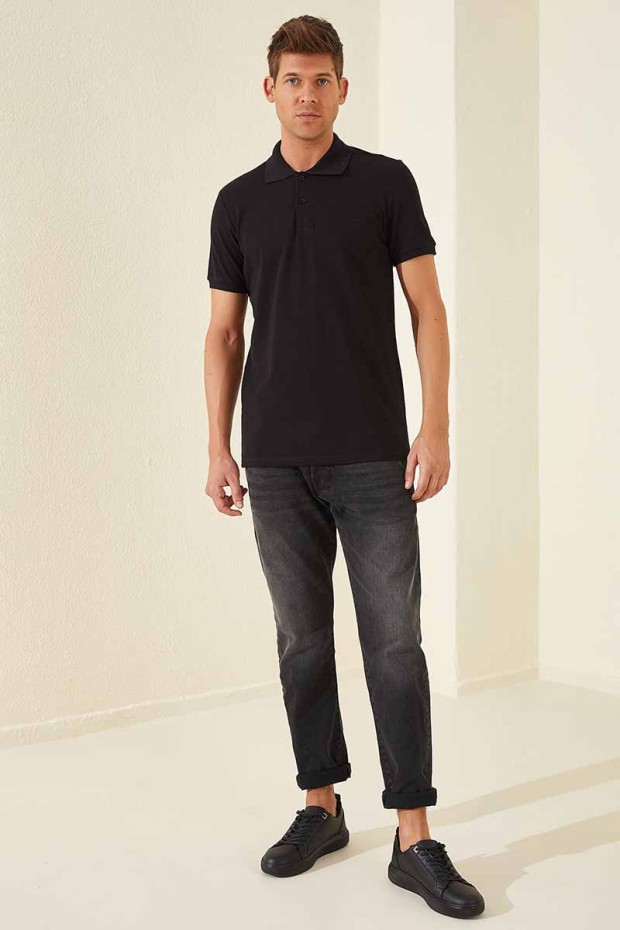Siyah Klasik Kısa Kol Standart Kalıp Polo Yaka Erkek T-Shirt - 87787