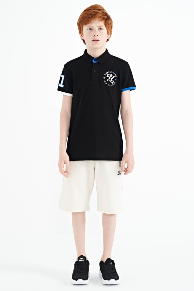 Siyah Kol Gögüs Nakış Detaylı Standart Kalıp Polo Yaka Erkek Çocuk T-Shirt - 11086
