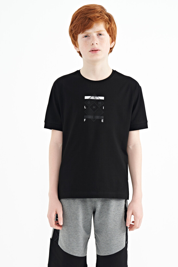 Siyah Kol Ucu Renkli Detaylı Baskılı Oversize Erkek Çocuk T-Shirt - 11137