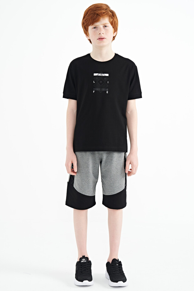 Siyah Kol Ucu Renkli Detaylı Baskılı Oversize Erkek Çocuk T-Shirt - 11137