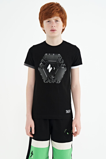 Siyah Kol Ucu Renkli Detaylı Baskılı Standart Kalıp Erkek Çocuk T-Shirt - 11156 