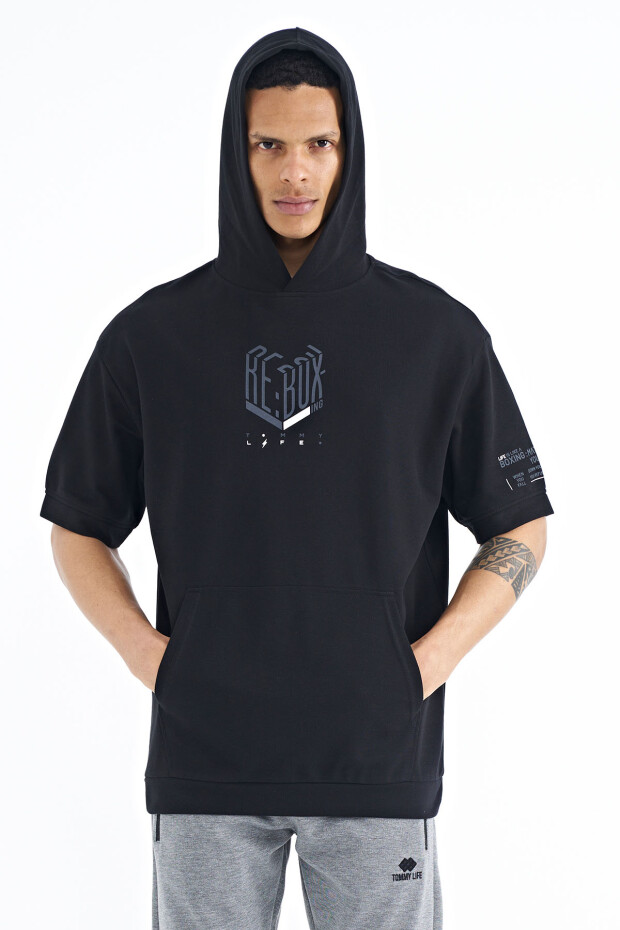 Siyah Kol ve Ön Baskılı Kapüşonlu Oversize Erkek T-shirt - 88194