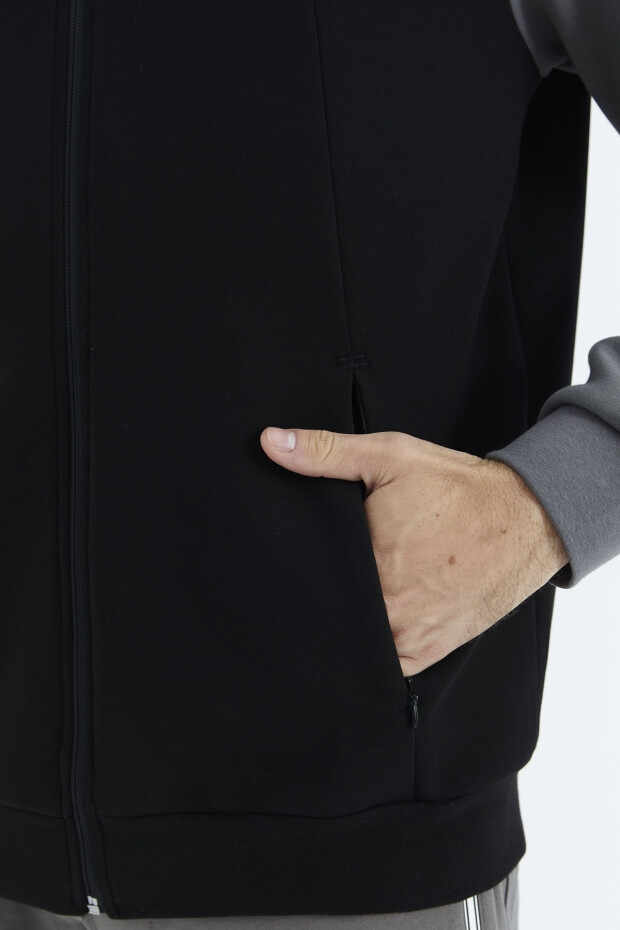 Siyah - Koyu Gri Dik Yaka Renk Bloklu Gizli Cep Detaylı Rahat Kalıp Erkek Sweatshirt - 88290