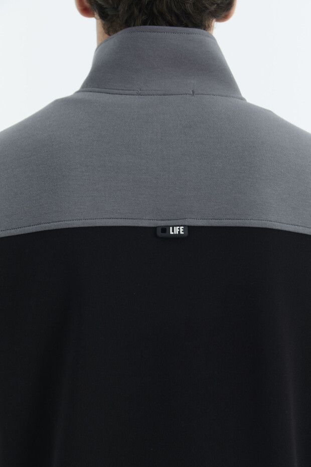 Siyah - Koyu Gri Dik Yaka Renk Bloklu Gizli Cep Detaylı Rahat Kalıp Erkek Sweatshirt - 88290