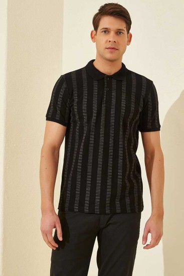 Siyah - Koyu Gri Desen Çizgili Standart Kalıp Polo Yaka Erkek T-Shirt - 87805 - Thumbnail
