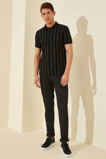 Siyah - Koyu Gri Desen Çizgili Standart Kalıp Polo Yaka Erkek T-Shirt - 87805 - Thumbnail