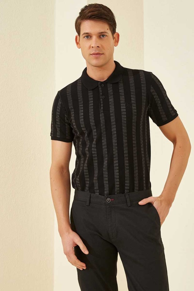 Siyah - Koyu Gri Desen Çizgili Standart Kalıp Polo Yaka Erkek T-Shirt - 87805