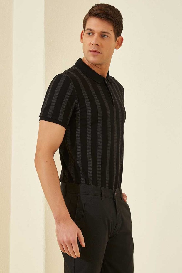 Siyah - Koyu Gri Desen Çizgili Standart Kalıp Polo Yaka Erkek T-Shirt - 87805