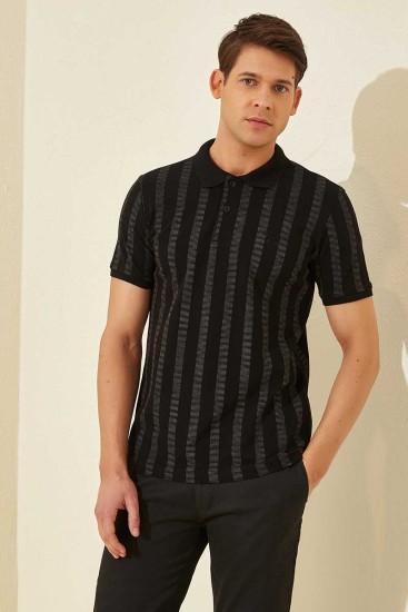 Siyah - Koyu Gri Desen Çizgili Standart Kalıp Polo Yaka Erkek T-Shirt - 87805 - Thumbnail