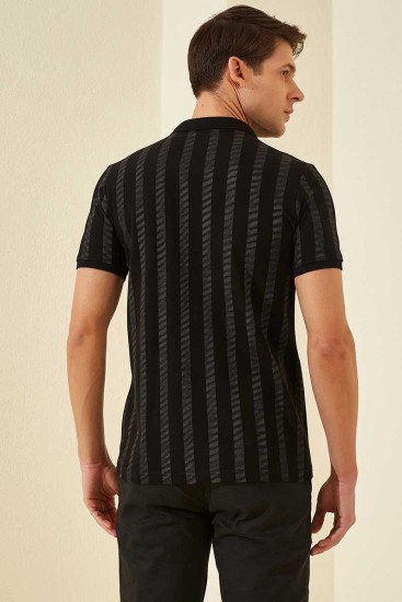 Siyah - Koyu Gri Desen Çizgili Standart Kalıp Polo Yaka Erkek T-Shirt - 87805 - Thumbnail