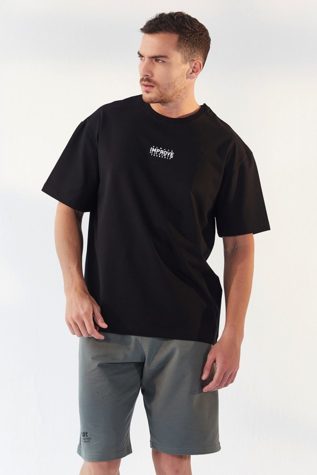 Siyah Küçük Yazı Baskılı O Yaka Erkek Oversize T-Shirt - 87985