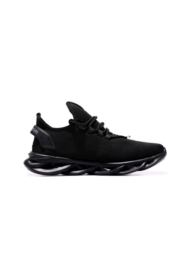 Siyah Lastik Bağcıklı Nakış Detaylı Yüksek Taban Erkek Spor Ayakkabı - 89053