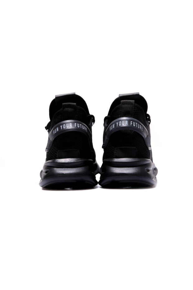 Siyah Lastik Bağcıklı Nakış Detaylı Yüksek Taban Erkek Spor Ayakkabı - 89053