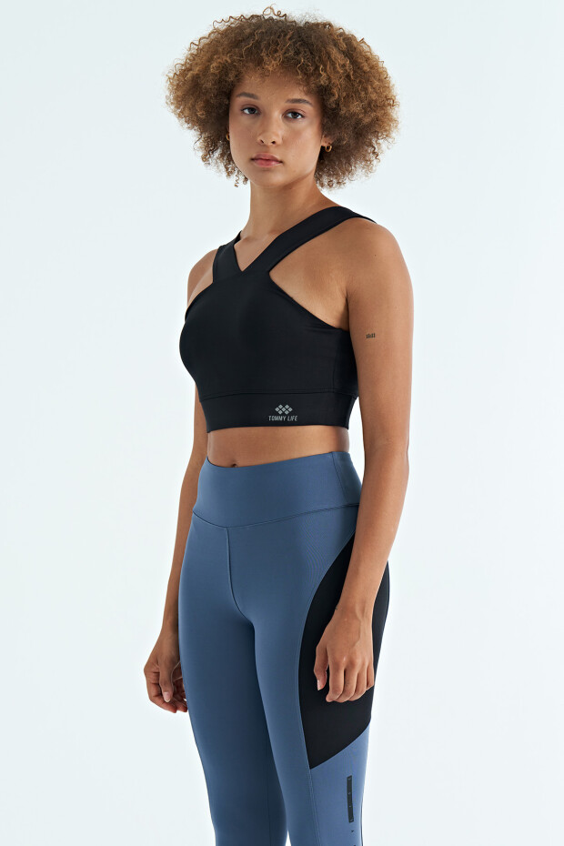 Siyah Logo Baskılı Dar Kalıp Dalgıç Kumaş Kadın Büstiyer - 97259 - 3