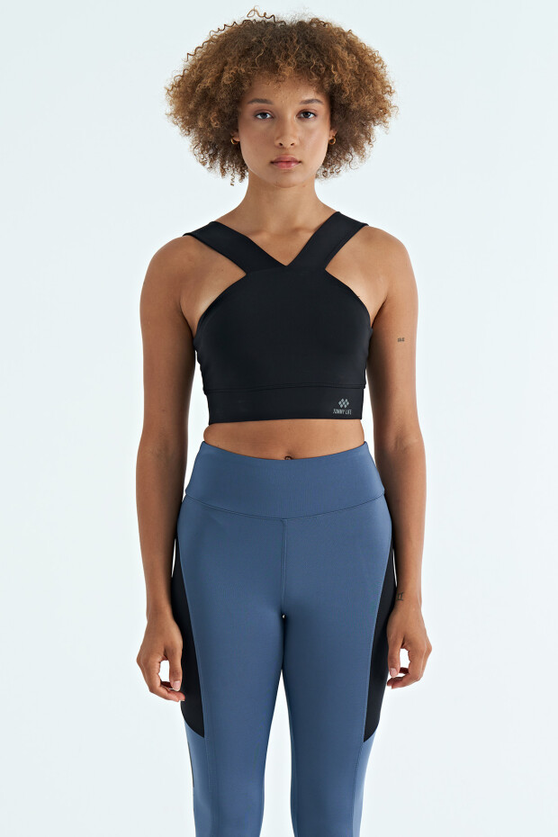 Siyah Logo Baskılı Dar Kalıp Dalgıç Kumaş Kadın Büstiyer - 97259 - 1