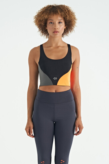 Siyah Logo Baskılı Renk Bloklu Sırt Çapraz Detaylı Dalgıç Kumaş Kadın Büstiyer - 97260 - TOMMYLIFE