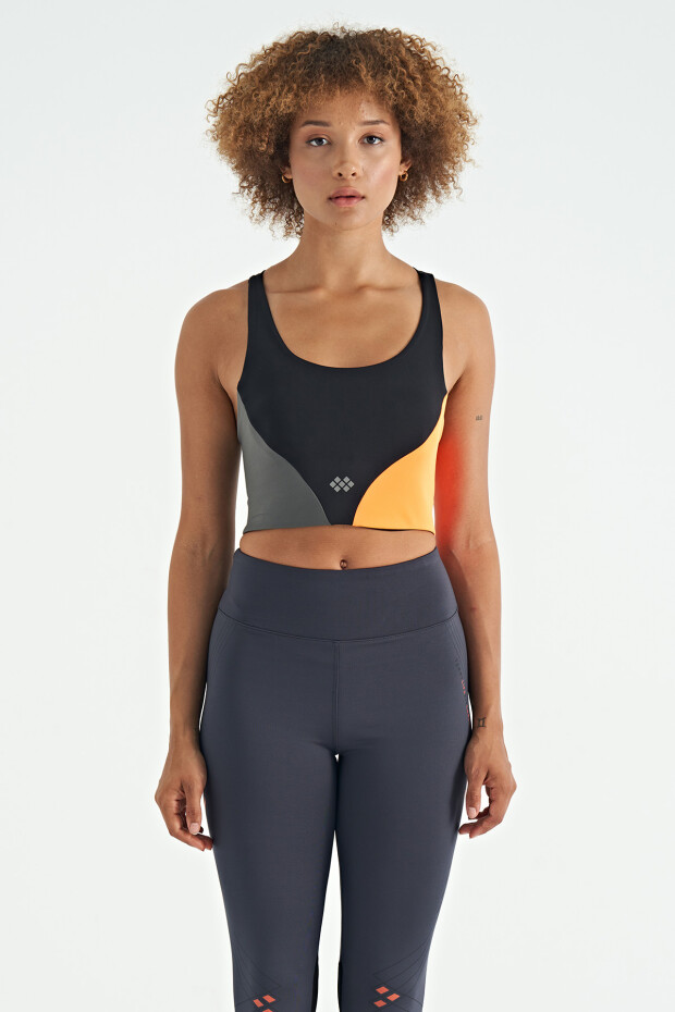 Siyah Logo Baskılı Renk Bloklu Sırt Çapraz Detaylı Dalgıç Kumaş Kadın Büstiyer - 97260 - 1