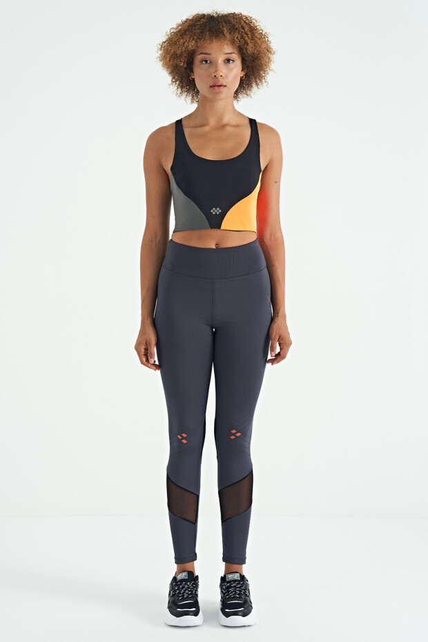 Siyah Logo Baskılı Renk Bloklu Sırt Çapraz Detaylı Dalgıç Kumaş Kadın Büstiyer - 97260 - 2