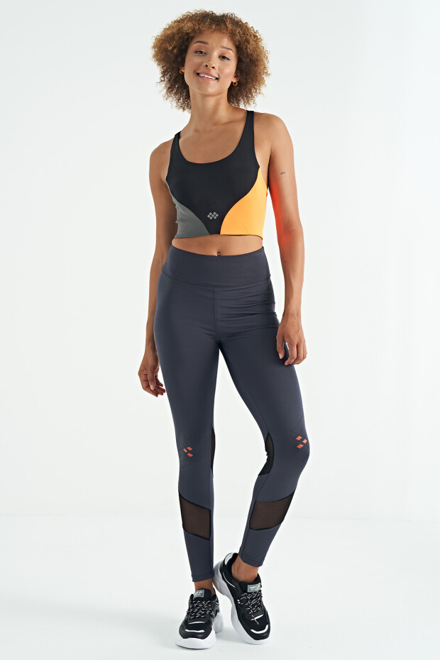 Siyah Logo Baskılı Renk Bloklu Sırt Çapraz Detaylı Dalgıç Kumaş Kadın Büstiyer - 97260 - 7