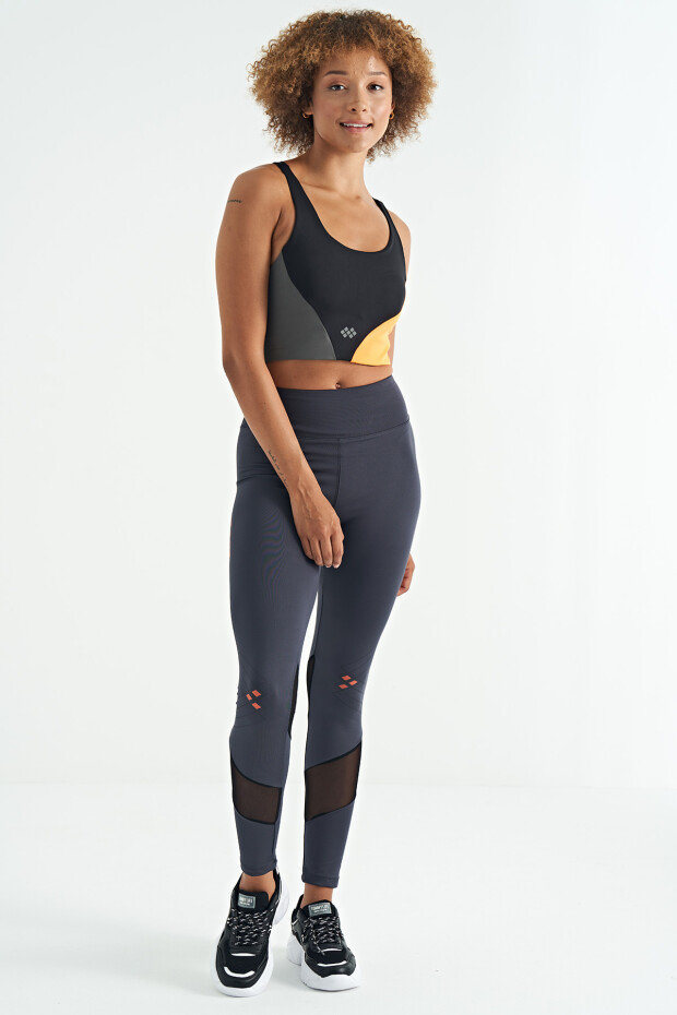 Siyah Logo Baskılı Renk Bloklu Sırt Çapraz Detaylı Dalgıç Kumaş Kadın Büstiyer - 97260 - 3