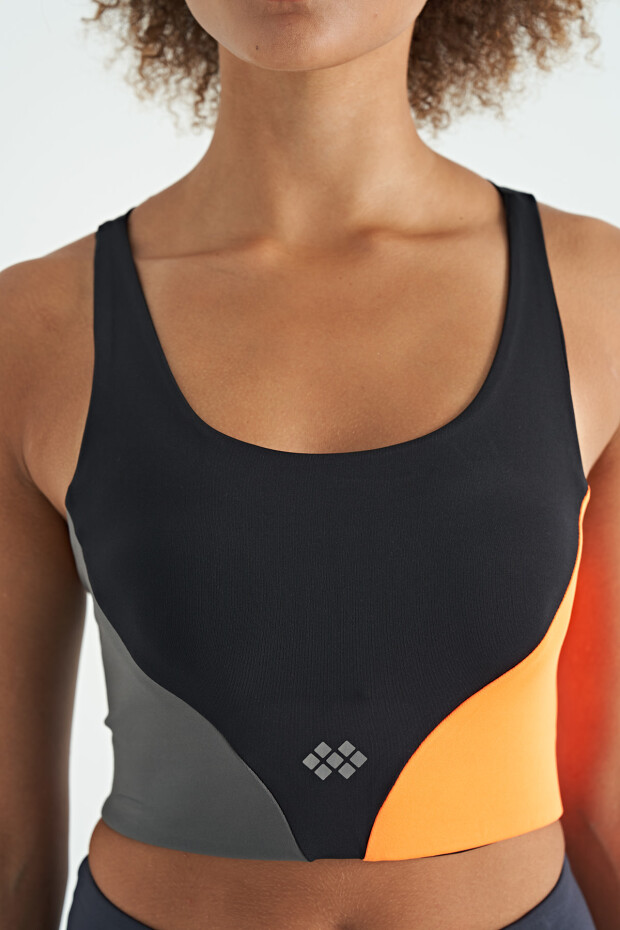 Siyah Logo Baskılı Renk Bloklu Sırt Çapraz Detaylı Dalgıç Kumaş Kadın Büstiyer - 97260 - 5