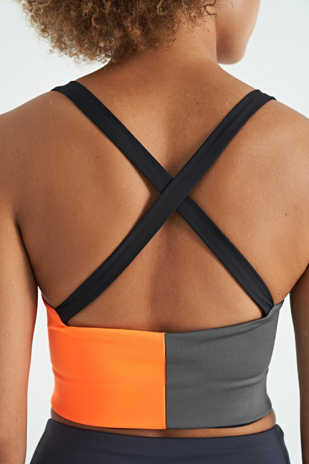 Siyah Logo Baskılı Renk Bloklu Sırt Çapraz Detaylı Dalgıç Kumaş Kadın Büstiyer - 97260 - 6