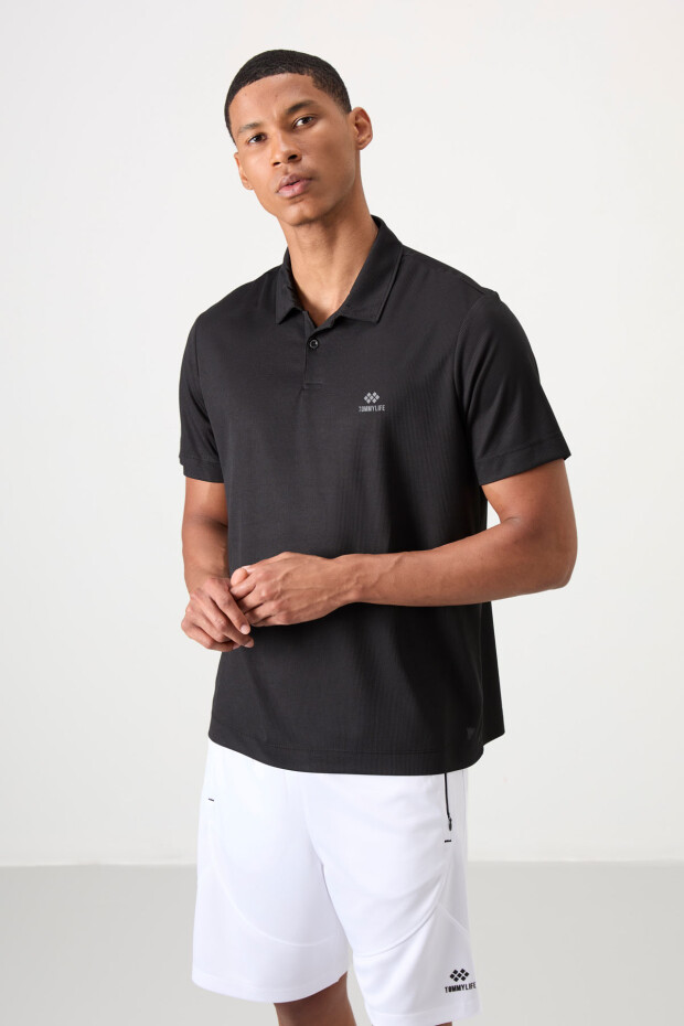 Siyah Logo Baskılı Standart Kalıp Polo Yaka Aktif Spor Erkek T-Shirt - 88252 - 1