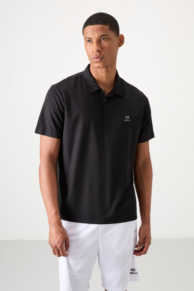 Siyah Logo Baskılı Standart Kalıp Polo Yaka Aktif Spor Erkek T-Shirt - 88252 - 4