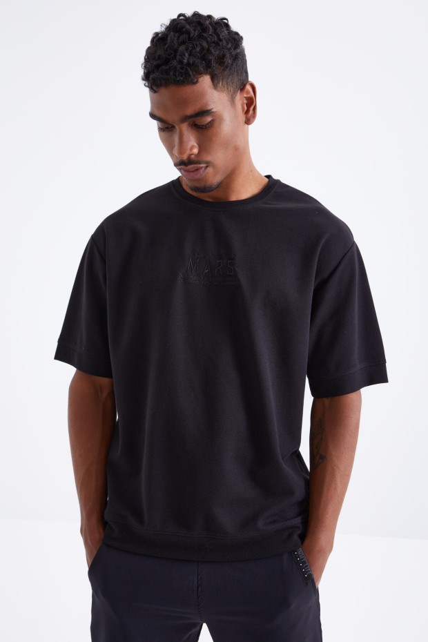 Siyah Mars Yazı Nakışlı O Yaka Erkek Oversize T-Shirt - 88104