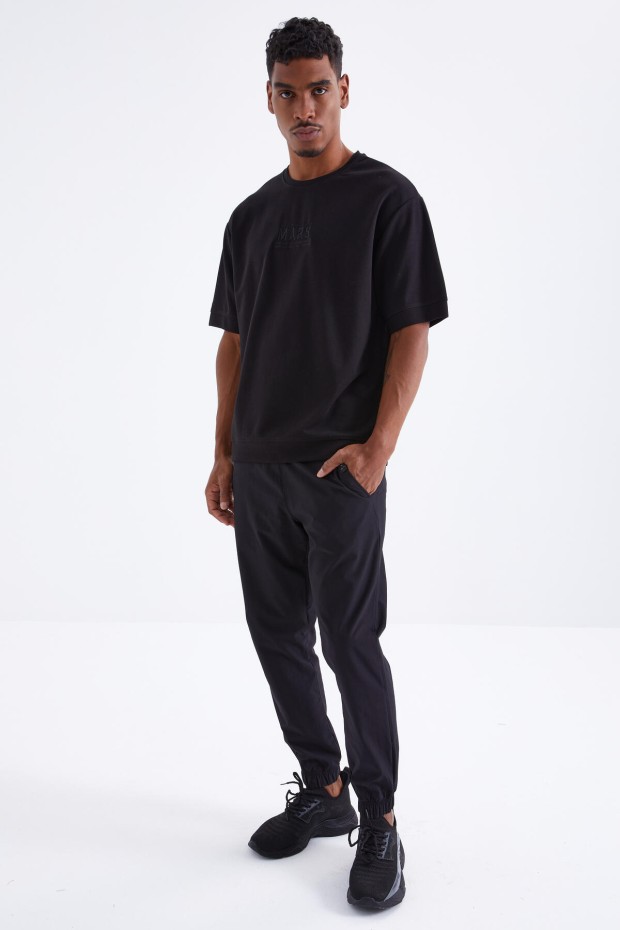 Siyah Mars Yazı Nakışlı O Yaka Erkek Oversize T-Shirt - 88104