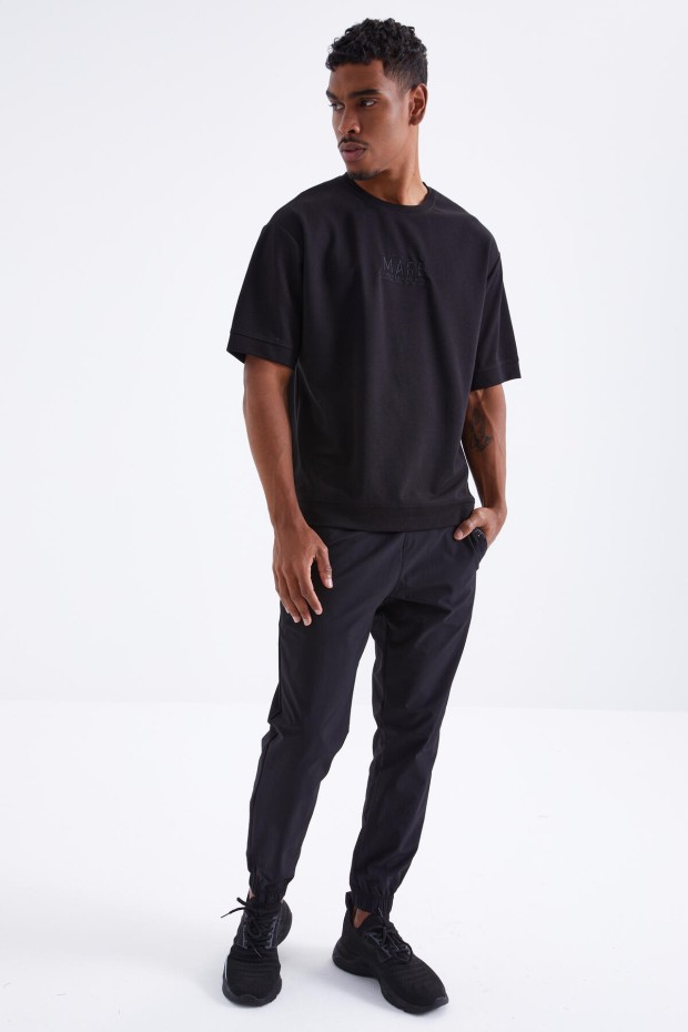 Siyah Mars Yazı Nakışlı O Yaka Erkek Oversize T-Shirt - 88104