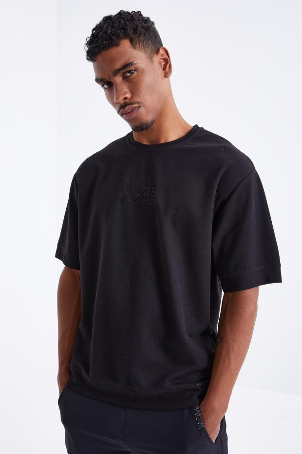 Siyah Mars Yazı Nakışlı O Yaka Erkek Oversize T-Shirt - 88104