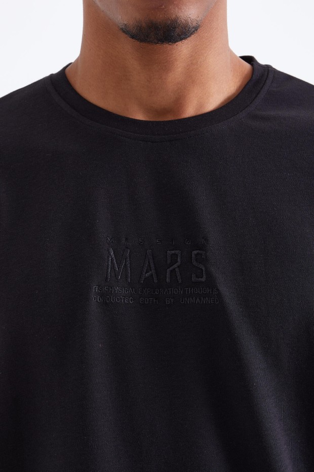 Siyah Mars Yazı Nakışlı O Yaka Erkek Oversize T-Shirt - 88104