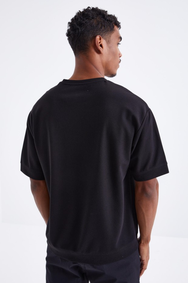 Siyah Mars Yazı Nakışlı O Yaka Erkek Oversize T-Shirt - 88104