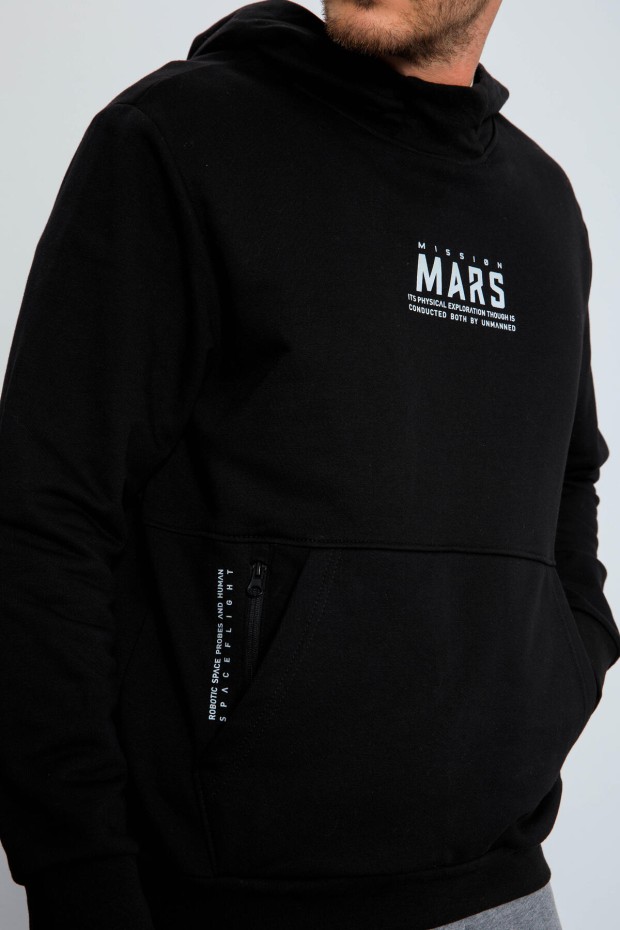 Siyah Mars Yazı Ve Sırt Baskılı Kapüşonlu Rahat Form Erkek Sweatshirt - 88032
