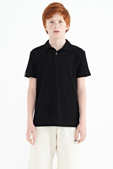 Siyah Minimal Nakış Detaylı Standart Kalıp Polo Yaka Erkek Çocuk T-Shirt - 11084 