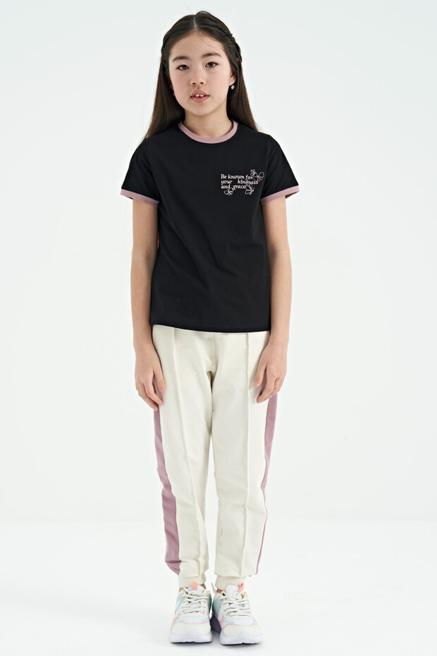 Siyah Minimal Yazı Baskılı O Yaka Rahat Form Kısa Kollu Kız Çocuk T-Shirt - 75110