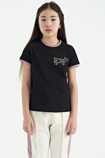 Siyah Minimal Yazı Baskılı O Yaka Rahat Form Kısa Kollu Kız Çocuk T-Shirt - 75110 