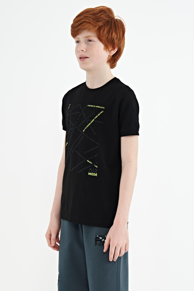 Siyah Minimal Yazı Baskılı Standart Kalıp O Yaka Erkek Çocuk T-Shirt - 11132