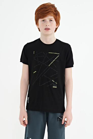 Siyah Minimal Yazı Baskılı Standart Kalıp O Yaka Erkek Çocuk T-Shirt - 11132 