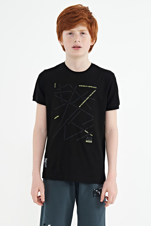 Siyah Minimal Yazı Baskılı Standart Kalıp O Yaka Erkek Çocuk T-Shirt - 11132