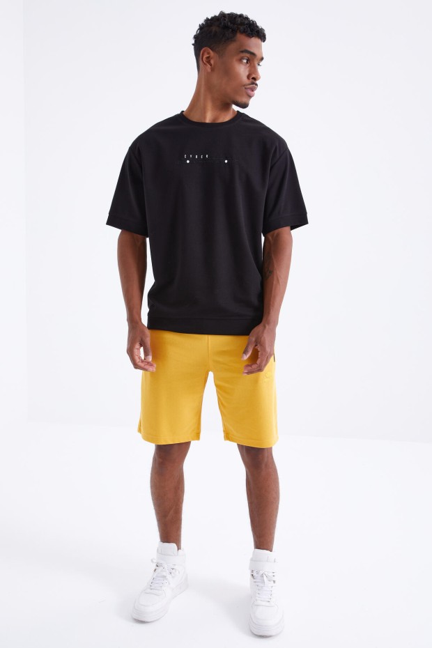 Siyah Minimal Yazı Nakışlı O Yaka Erkek Oversize T-Shirt - 88106