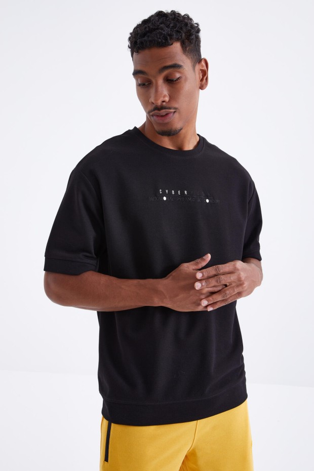Siyah Minimal Yazı Nakışlı O Yaka Erkek Oversize T-Shirt - 88106