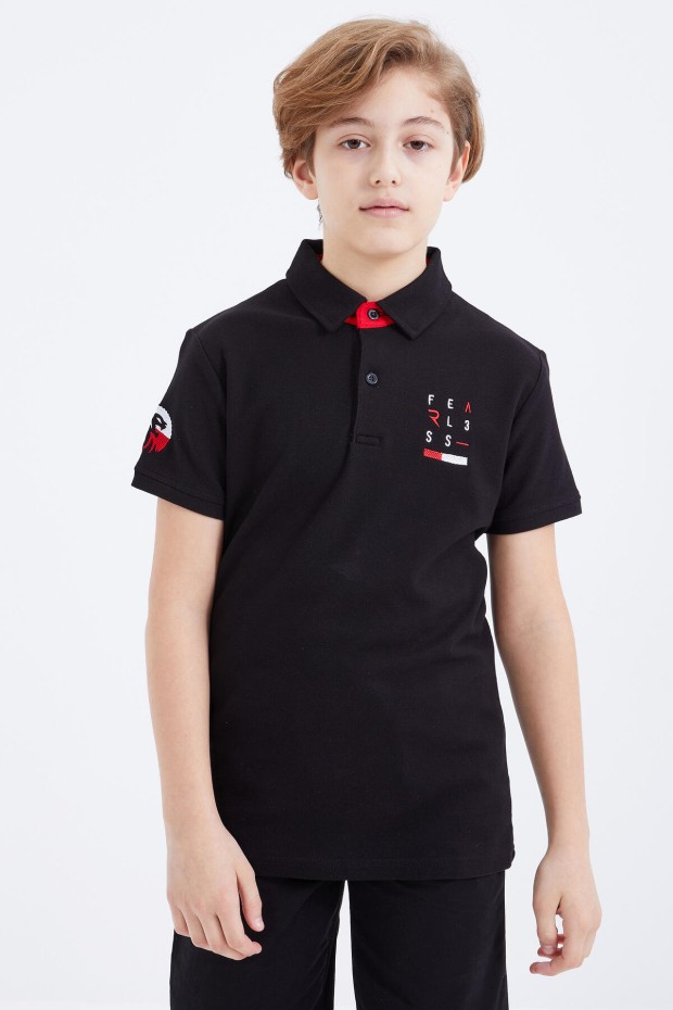 Siyah Nakış Detaylı Kısa Kollu Polo Yaka Erkek Çocuk T-Shirt - 10893