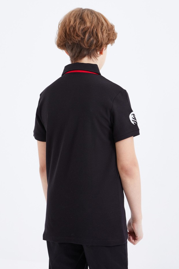 Siyah Nakış Detaylı Kısa Kollu Polo Yaka Erkek Çocuk T-Shirt - 10893