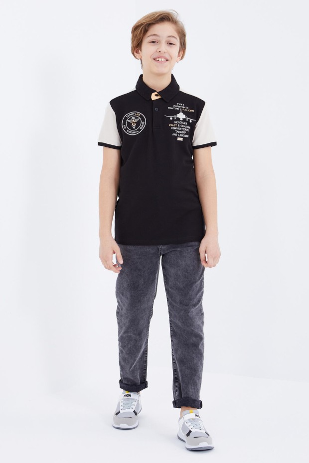 Siyah Nakış Detaylı Kısa Kollu Polo Yaka Erkek Çocuk T-Shirt - 10906 - 2